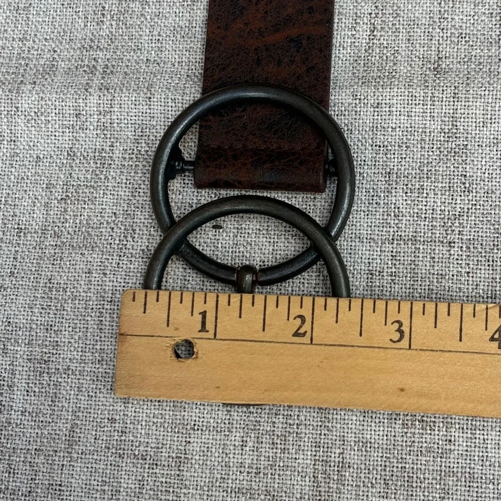 Vintage Double O-Ring Brown Leather Belt Matte Black Interlocking Circle Buckle